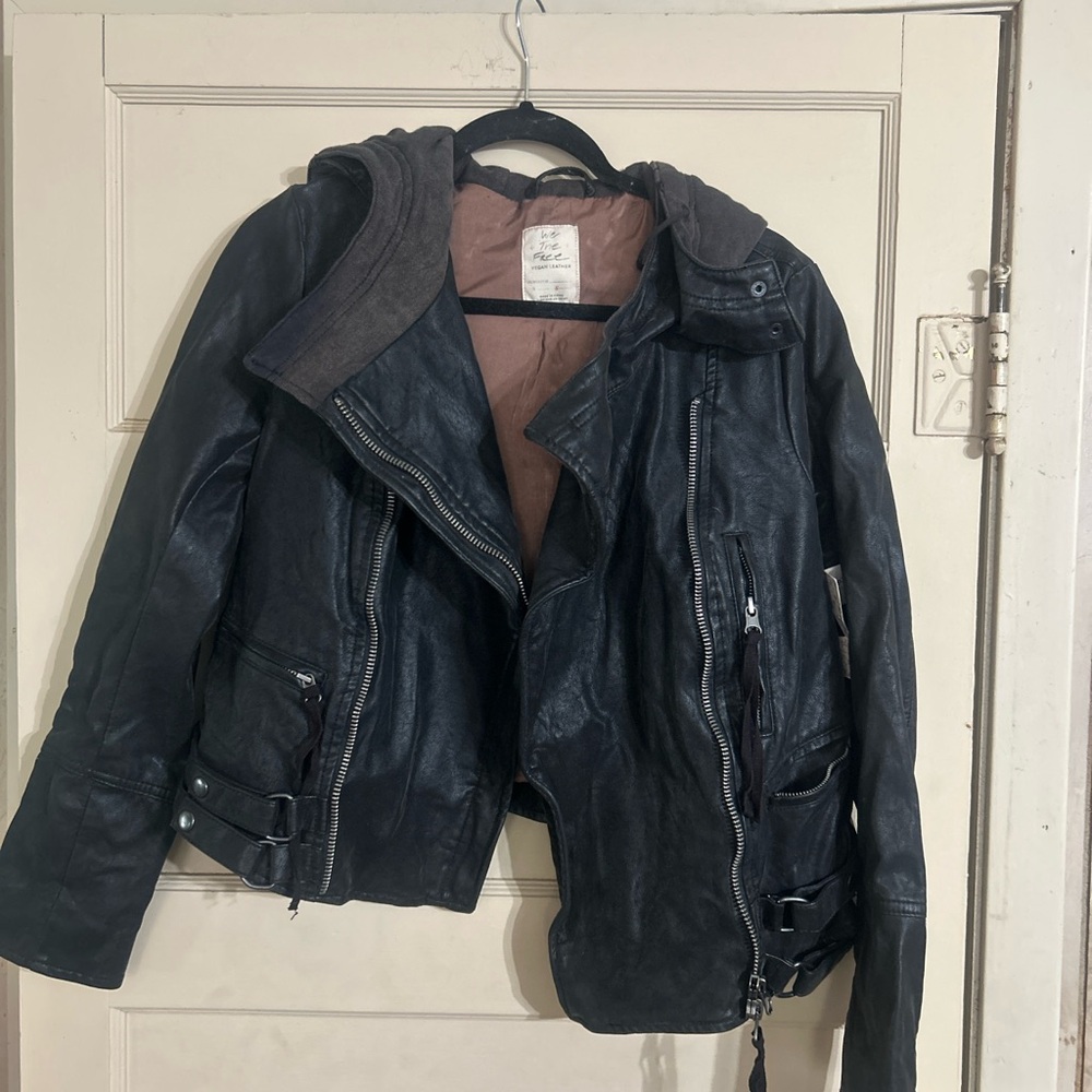 Free People Black Leather Bomber Jacket